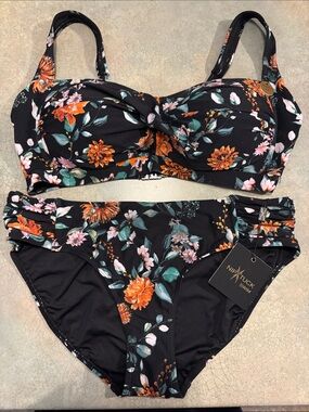 Nip Tuck Black Floral Bikini - Orange & Green Bloom